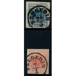 Österreich 1850 2Stk.Marke:9kr und 3kr, beide MP, Type III. SZEGEDIN (U)
