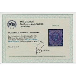 Österreich 1867 25kr, LILA, grober Druck, BLAUSTEMPEL PRAG. VÖB! PRACHT!