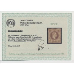 Österreich 1867 50kr, fD, Lz13! UNGEBRAUCHT OG und Falzrest. VÖB! P!