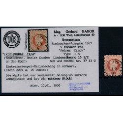 Österreich 1867 5kr, feiner Druck, Lz10 1/2 KLÖSTERLE (B) BABOR BEFUND!