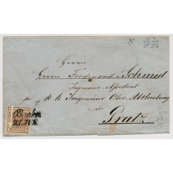 Österreich 185. 6kr, PLATTENFEHLER bei 6! Briefkuvert BADEN nach GRATZ.