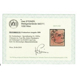 Österreich 1850 3kr, rot, HP, Type III.a, Dickes Papier! BADEN. VÖB! P!