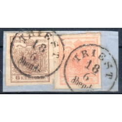 Österreich 1850 2-Farben-Frankatur:6+3kr, MP, Type III. TRIEST/Abends.