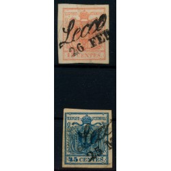 LOMBARDEI-VENETIEN 1850 2Stk.Marke:15C und 45C, MP, Type III. LECCO.