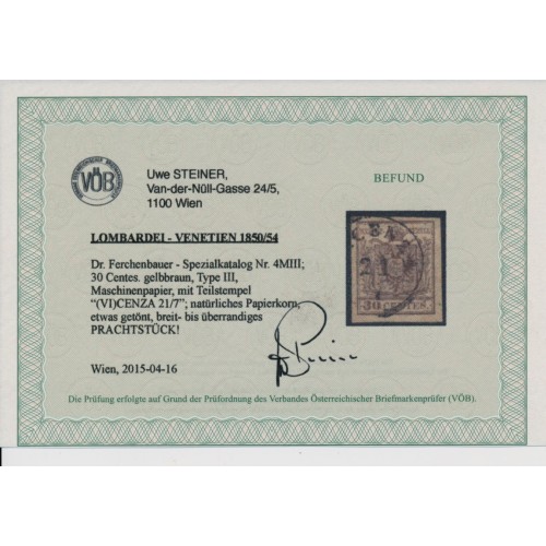 LOMB-VENETIEN 1850 30C, GELBBRAUN! MP, Type III. PAPIERKORN! VICENZA VÖB