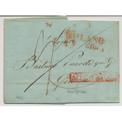 LOMBARDEI-VENETIEN 1843 Brief (PREISLISTE!) ROTSTEMPEL MILANO - GENOVA