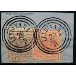 LOMBARDEI-VENETIEN 1850 30+15C, 30C mit ZWERGSCHNITT! LENDINARA. SELTEN
