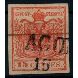 LOMBARDEI-VENETIEN 1850 15C, HP, Type III. AGORDO+FEDERSTRICH! Schön!