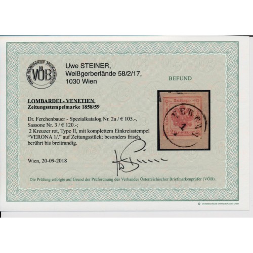 LOMB-VEN 1858/59 2kr, Zeitungsstempelmarke, Kw:105,-€! VERONA. VÖB!