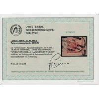 LOMB-VEN 1858/59 2kr, Zeitungsstempelmarke, ZINNOBERROT! VERONA. VÖB!