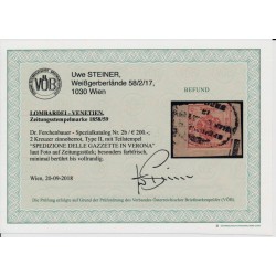 LOMB-VEN 1858/59 2kr, Zeitungsstempelmarke, ZINNOBERROT! VERONA. VÖB!