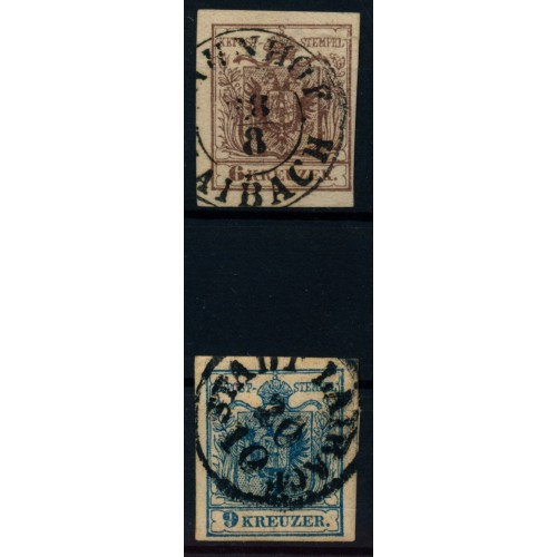 Österreich 1850 2Stk.Marke:6kr und 9kr, Verschiedene LAIBACH (Kr)