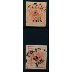 Österreich 1850 2Stk.Marke:-3kr, Schöne Farben! TIONE (Tirol) Mü:15P!