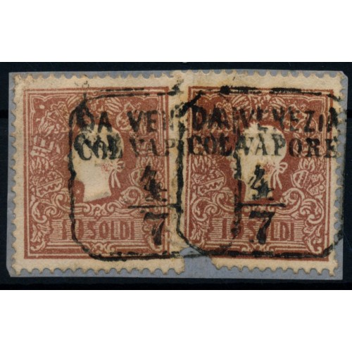 LOMB-VEN 1858 2*10sld. FARBFLECKEN! SCHIFFSTEMPEL DA VENEZIA/COL VAPORE