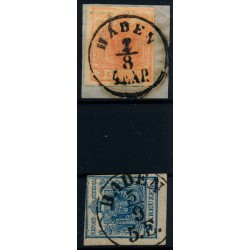Österreich 1850 3kr, HOHLDRUCK! Und -9kr, Verschiedene BADEN (Nö)