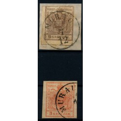 Österreich 1850 2Stk.Marke:-6kr und 3kr, MURAU (St) Mü:12P!