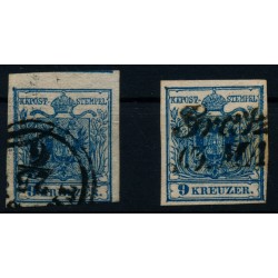 Österreich 1850 2Stk.Marke:beide 9kr, HP, Type III.a, beide RANDDRUCK!