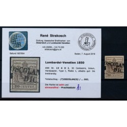 LOMBARDEI-VENETIEN 1850 30C, braun, HP, Type I. Platte 1, TOSCOLANO. Bef