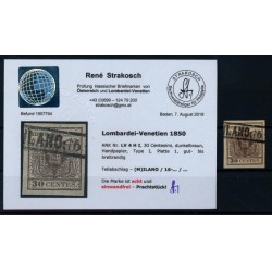 LOMBARDEI-VENETIEN 1850 30C, DUNKELBRAUN! HP, Type I. Platte 1, Befund