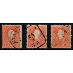 Österreich 1858 3Stk.Marke! Alle 5kr, Type II. mit FARBFLECKEN!