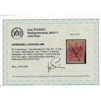 LOMB-VEN 1850 15C, DUNKELKARMIN! ERSTDRUCK! FEDERSTRICH! Kw:220,-€! VÖB