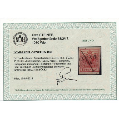 LOMB-VEN 1850 15C, DUNKELKARMIN! ERSTDRUCK! FEDERSTRICH! Kw:220,-€! VÖB
