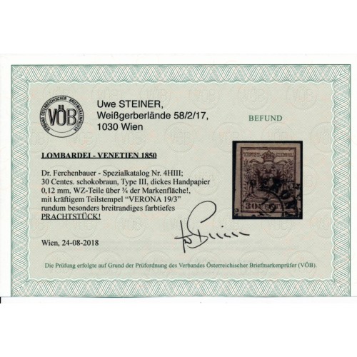 LOMB-VEN 1850 30C, SCHOKOBRAUN! KARTONPAPIER! GROßES Wz! VERONA VÖB! P