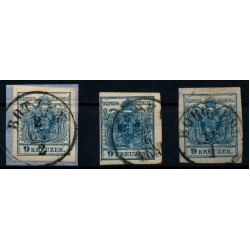 ÖSTERREICH 1850 3Stk.Marke! Alle 9kr mit PLATTENFHLERN! Interessant!