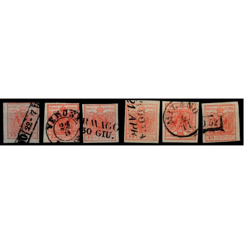 LOMBARDEI-VENETIEN 1850 6Stk.Marken! Alle 15C HANDPAPIERE! Schöne Farben!