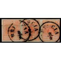 LOMBARDEI-VENETIEN 1850 3*15C 3-STREIFEN! MP, Type III. BRESCIA