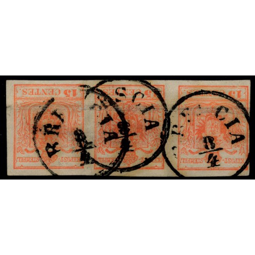 LOMBARDEI-VENETIEN 1850 3*15C 3-STREIFEN! MP, Type III. BRESCIA