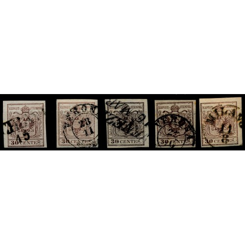 LOMBARDEI-VENETIEN 1850 5Stk.Marken! Alle 30C HANDPAPIERE! Schöne FARBVARIANTE!