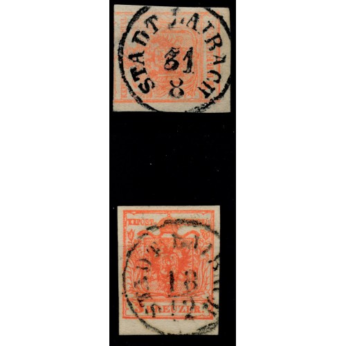 ÖSTERREICH 1850 2Stk.Marke:beide 3kr, verschiedene Farbtöne! STADT LAIBACH (Kr)