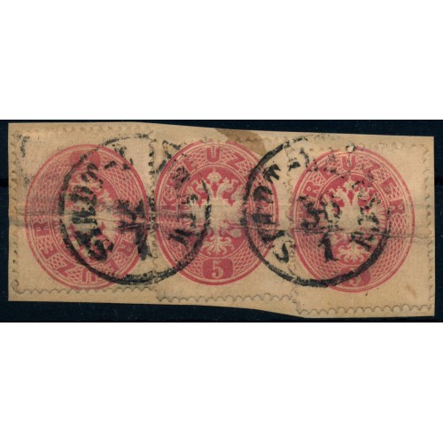 ÖSTERREICH 1863 3*5kr auf Briefstück, waagr.Bug. STADT-LAIBACH (Kr)