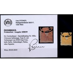 ÖSTERREICH 1858 2kr, HELLORANGE! EXTREM VERZÄHNT! OG! WIEN. Uwe STEINER Befund!