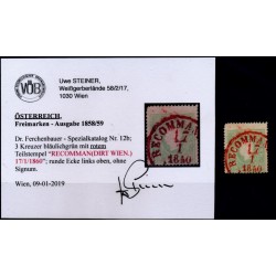 ÖSTERREICH 1858 3kr, BLÄULICHGRÜN, ROTSTEMPEL RECOMMANDIRT/WIEN/1860. VÖB!