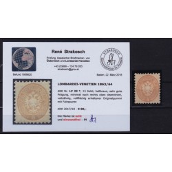 LOMBARDEI-VENETIEN 1864 15sld. Nr. LV 23, HELLBRAUN! OG mit Falzspuren. Befund!