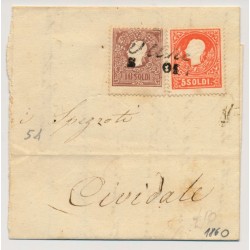 LOMBARDEI-VENETIEN 1860 10+5sld. Beide Type II. auf Briefteil TIENE - CIVIDALE
