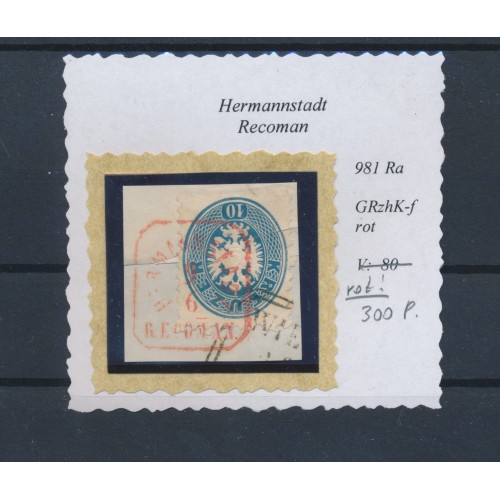 ÖSTERREICH 1864 10kr, ROTSTEMPEL HERMANNSTADT/RECOMAN. (Sb) Mü:300P! SELTEN!