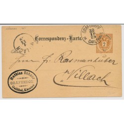 ÖSTERREICH 1889 2Kr, Korr-Karte GRAFENDORF/IM GAILTHALE (K) Kl:45P! nach VILLACH