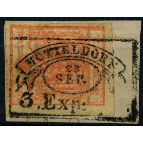 ÖSTERREICH 1850 3Kr, HP, Type III. FAHNENSTEMPEL HÜTTELDORF (Wr) Mü:180P! Schön!