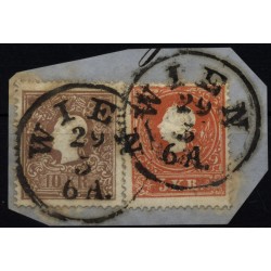 Österreich 1858 2-Farben-Frankatur:10+5kr, beide Type II. auf Briefstück. WIEN