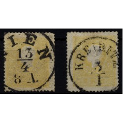 Österreich 1858 2Marke:beide 2kr, gelb, VERSCHEDENE Farbtöne! WIEN und KREIBITZ