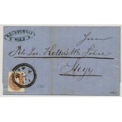 Österreich 1863 10kr, zentriert. Faltbrief von WIEN nach STEYR. Schön!