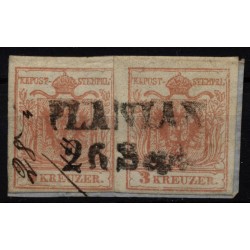 Österreich 1850 2*3kr, auf Briefstück! PLANIAN (B) Mü:25P!+HANDSCHRIFT (Datum)