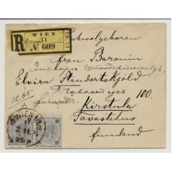 Österreich 1894 2*10kr, REKO-Briefkuvert WIEN durch ST.PETERSBURG nach FINLAND!