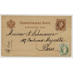 Österreich 1882 2kr, Korr-Karte+3kr von SCHLUKENAU (B) nach PARIS. Schön!