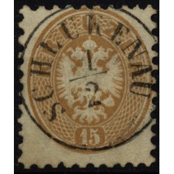 Österreich 1864 15kr, oben geklebter Einriß! SCHLUKENAU (B)
