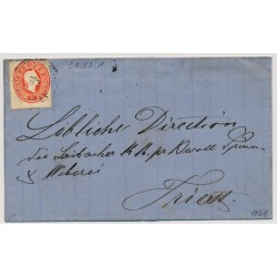 Österreich 1861 5kr, stark verzähnt! Brief, BAHNHOF/LAIBACH Stempel nach TRIEST