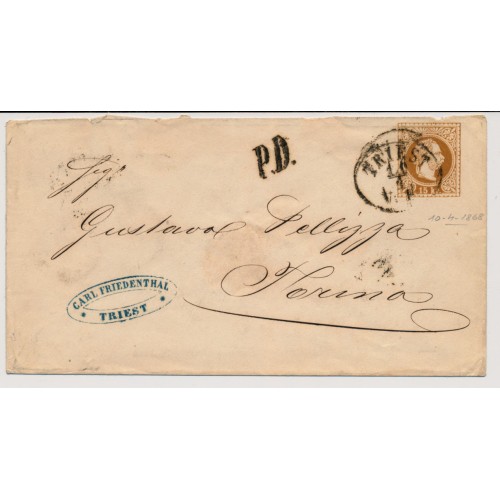 Österreich 1868 15kr, GA-Umschlag TRIEST nach TORINO. P.D. Stempel. Schön!